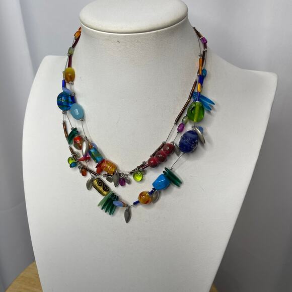 Chico's multi colored bohemian necklace signed costume jewelry blue green beads - Picture 12 of 15
